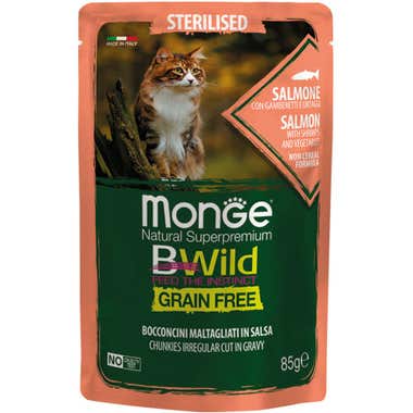 Clarins Monge B Wild Grain Free Salmone Gamberetti Con Ortaggi Cibo Umido Per Gatti Sterilizzati 85g