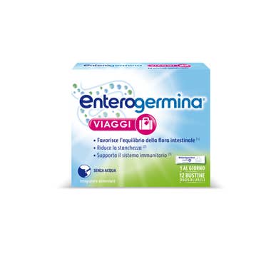 Clarins Enterogermina Viaggi Integratore Alimentare Regolarità Intestinale con Probiotici Vitamina A B12 B6 B9 e Vitamina D 12 bustine