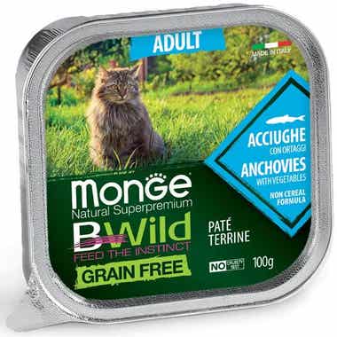 Clarins Monge B Wild Grain Free Acciughe Con Ortaggi Cibo Umido Per Gatti Adulti 100g